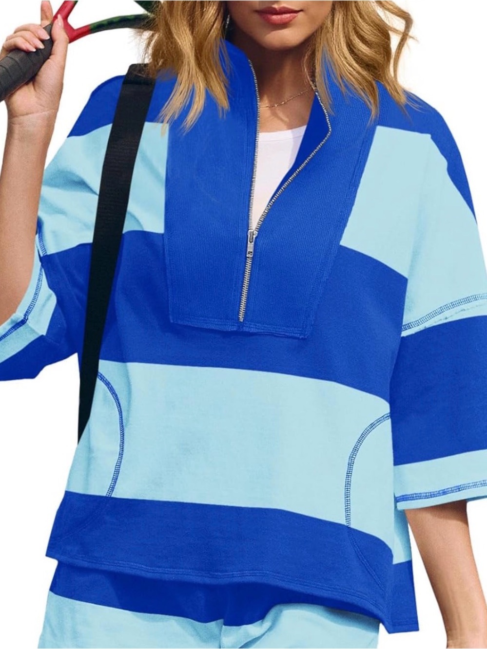 Women's Blue Striped Half-Zip Short Sleeve Top